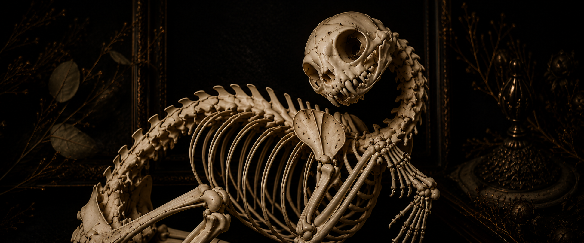 Articulated snake skeleton on a dark worktable with hands, tools, and gothic botanical border details.