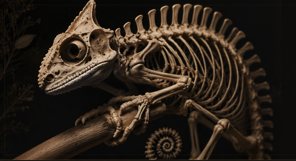 Articulated snake skeleton on a dark worktable with hands, tools, and gothic botanical border details.